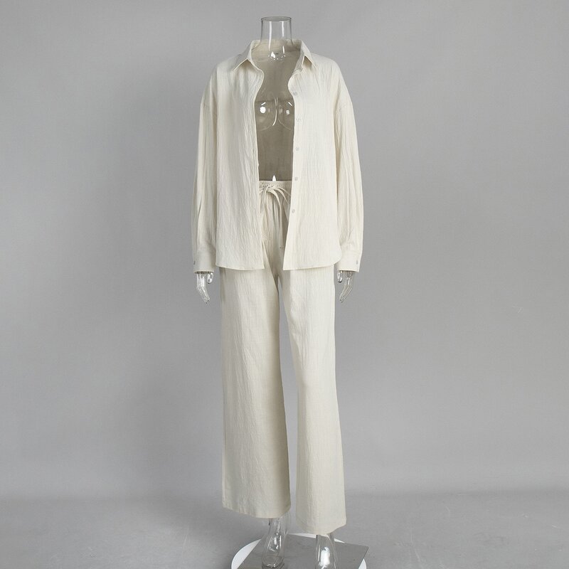 Women's Linen Set Manufacturer - Wholesale Cotton Casual 2-Piece Business Work Outfits Long Sleeve Shirt Pants