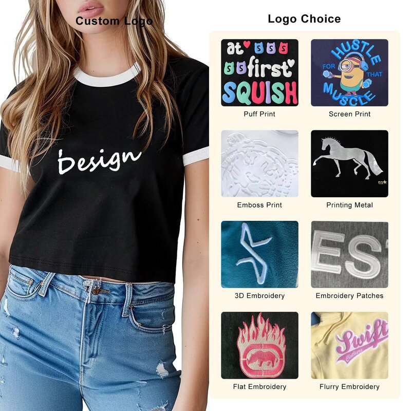 Women's Crop Top Manufacturer - Custom Ringer Rhinestone Contrast Collar Cuff Screen Print Tee
