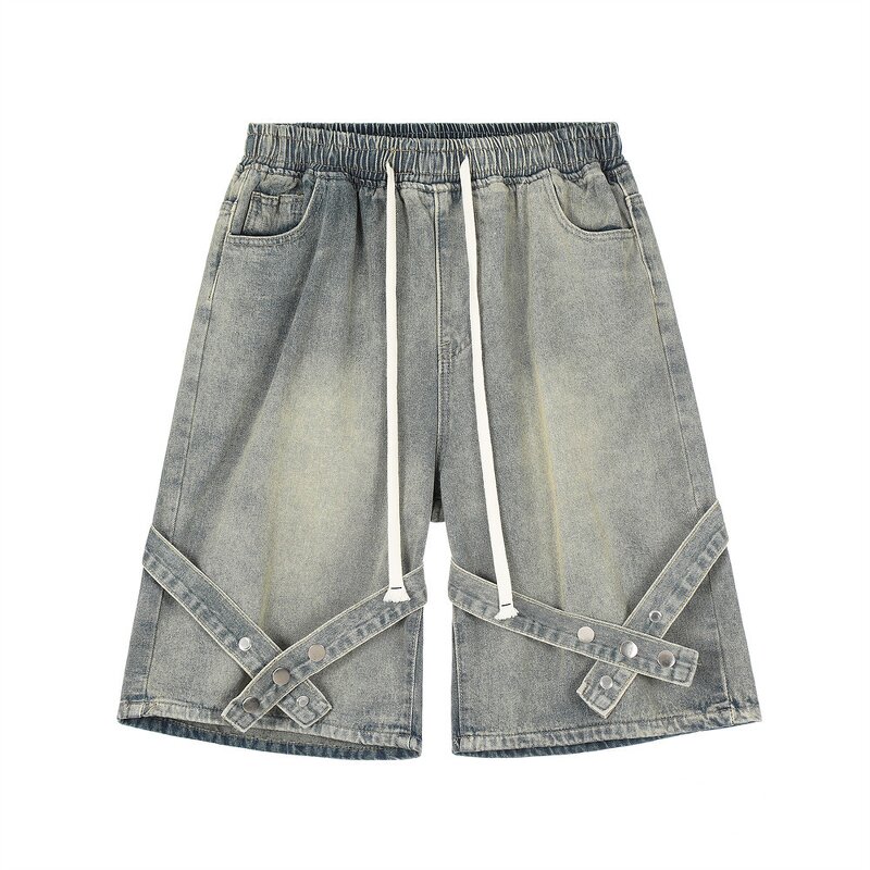 Men's Denim Shorts Manufacturer - Summer Trendy With Straps High Street Hip-hop Drawstring Loose Shorts