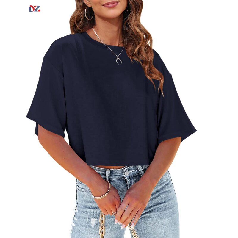 Women's Crop Top Manufacturer - Custom Design Oversized Short T Shirts Half Sleeve Drop Shoulder Tee