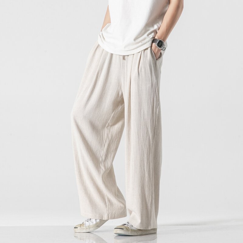 Men's Linen Pants Manufacturer - Customized Solid Color Elastic Waist Loose Fit Baggy Straight Leg Pants