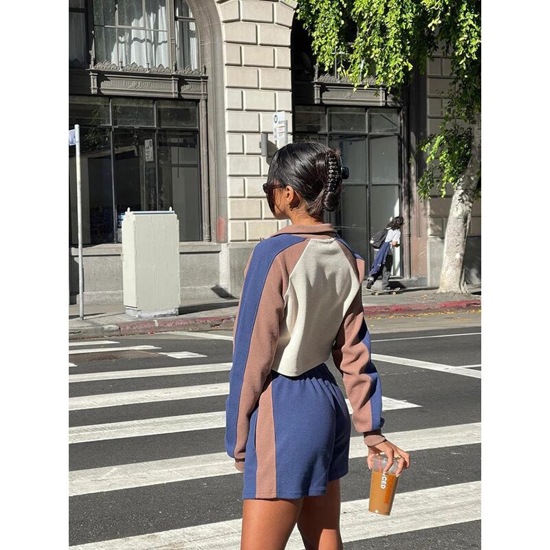 Women's Two-piece Set Manufacturer - Fashionable Color Blocking Long Sleeved Short Top & Elastic Pants Vintage Set