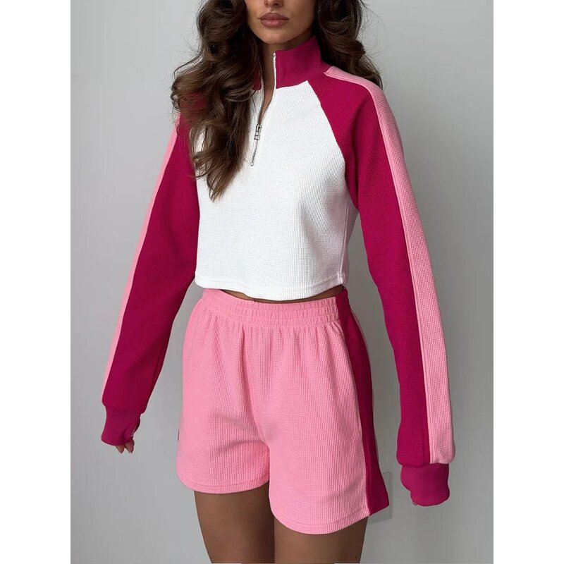 Women's Two-piece Set Manufacturer - Fashionable Color Blocking Long Sleeved Short Top & Elastic Pants Vintage Set