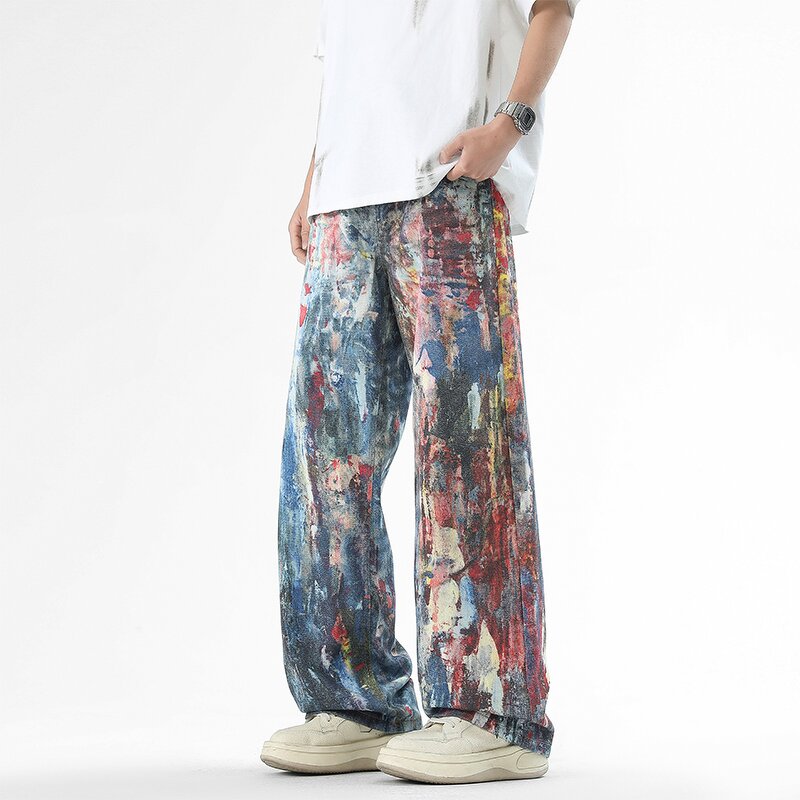 Men's Denim Trousers Manufacturer - Custom Vintage Straight Eco-Friendly Dark Blue Digital Print Washed Pants