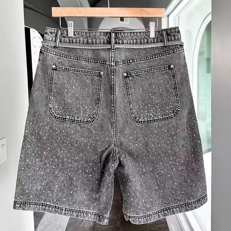 Men's Cargo Shorts Manufacturer - Custom Vintage Solid Style Denim Acid Wash Embroidered Rhinestone Shorts
