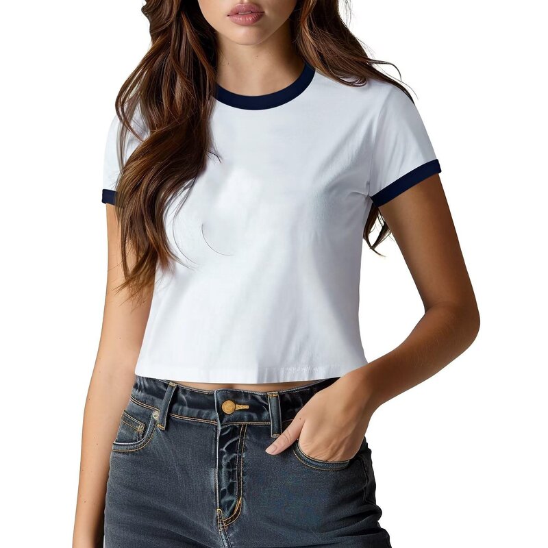 Women's Crop Top Manufacturer - Custom Ringer Rhinestone Contrast Collar Cuff Screen Print Tee