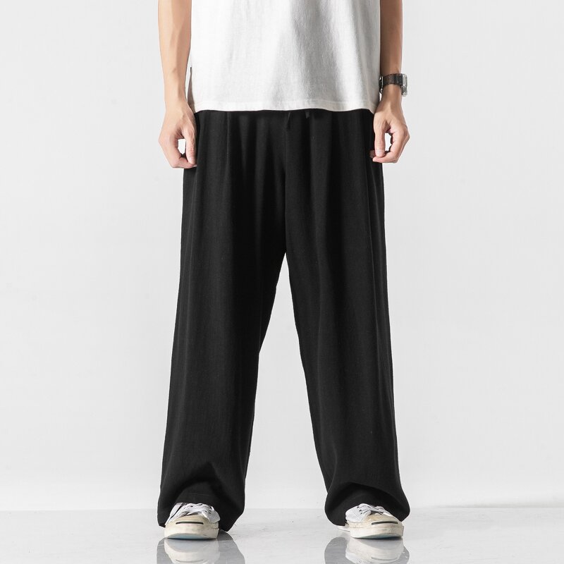 Men's Linen Pants Manufacturer - Customized Solid Color Elastic Waist Loose Fit Baggy Straight Leg Pants