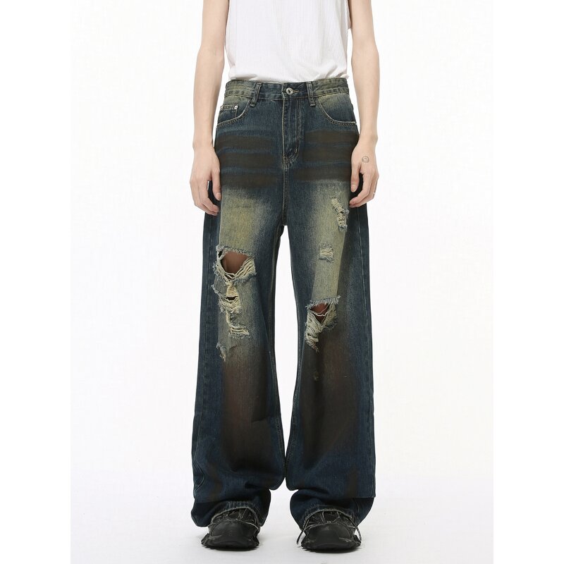 Men's Ripped Jeans Manufacturer - Custom European American High Street Distressed Hip-hop Straight Pants