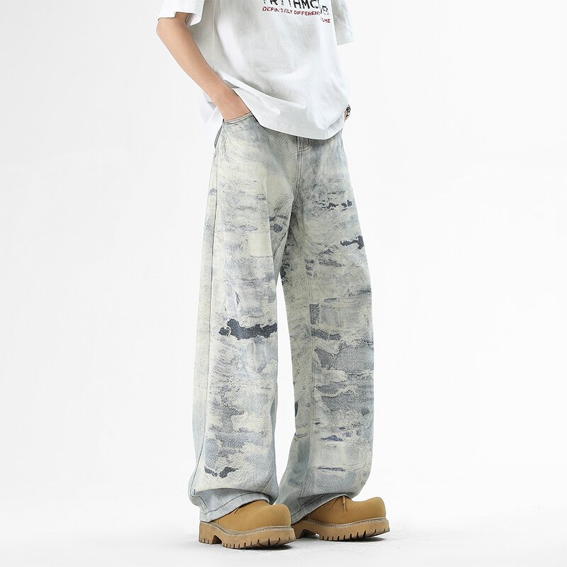 Men's Straight Leg Jeans Manufacturer - High Street Winter 3D Digital Printing Mud Dyeing Splash Ink Pants