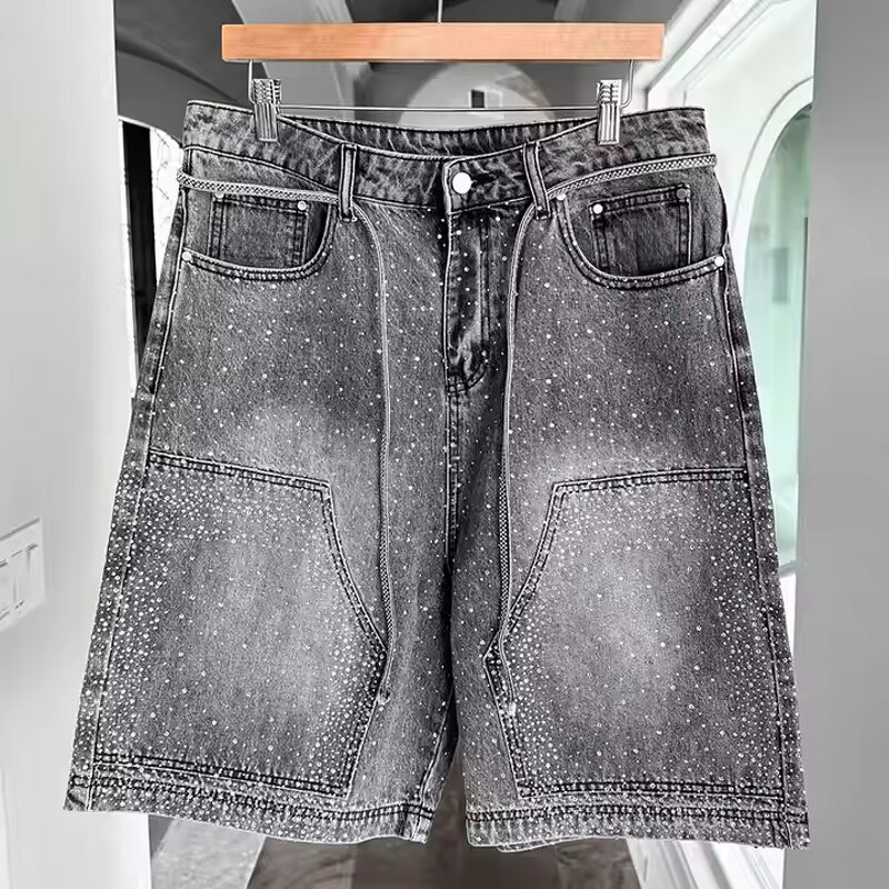 Men's Cargo Shorts Manufacturer - Custom Vintage Solid Style Denim Acid Wash Embroidered Rhinestone Shorts