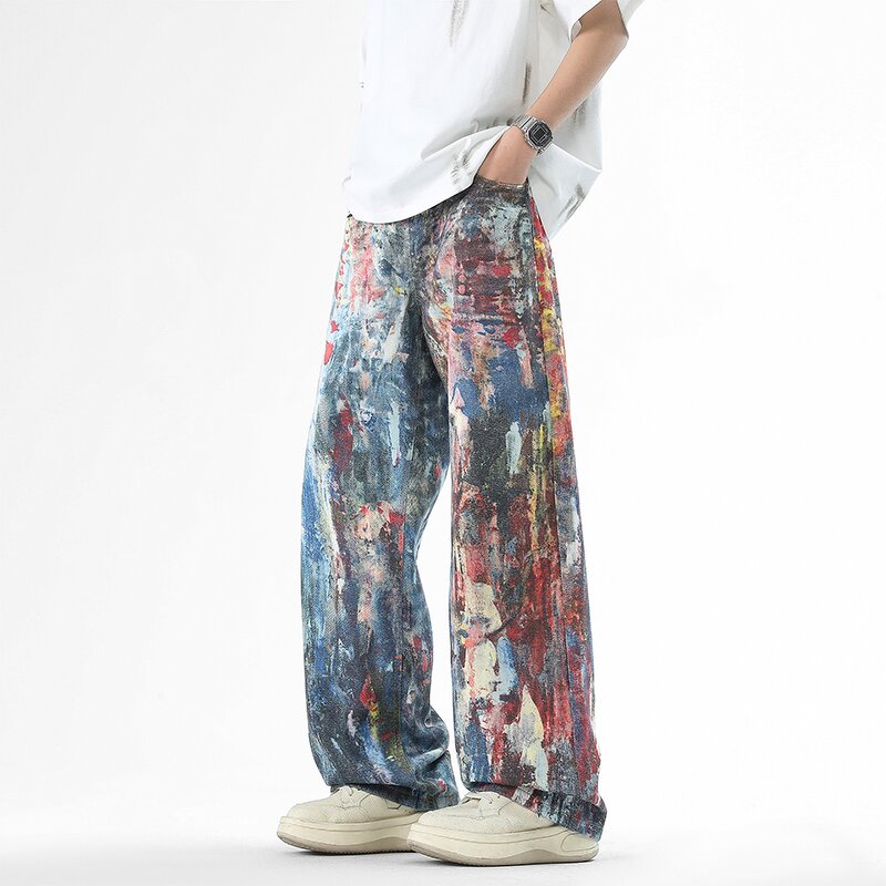 Men's Denim Trousers Manufacturer - Custom Vintage Straight Eco-Friendly Dark Blue Digital Print Washed Pants