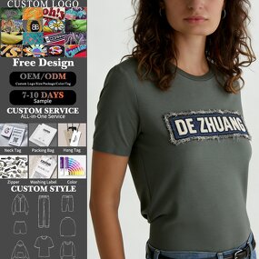 Women's T-Shirt Manufacturer - High Quality Embroidery Ribbed Round Neck Short Sleeve 100% Cotton Slim Fit Tee