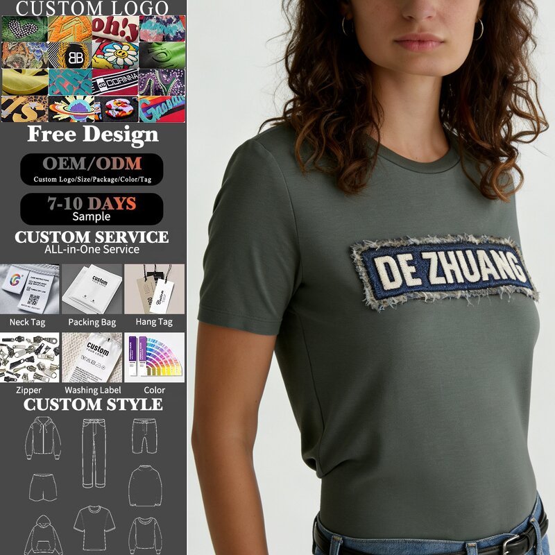 Women's T-Shirt Manufacturer - High Quality Embroidery Ribbed Round Neck Short Sleeve 100% Cotton Slim Fit Tee