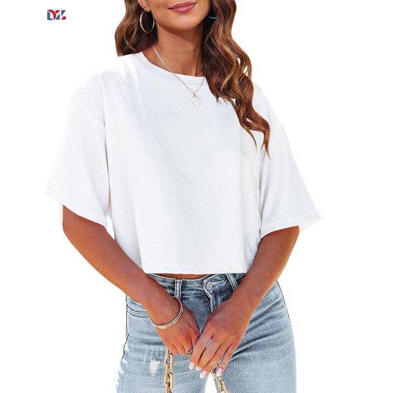 Women's Crop Top Manufacturer - Custom Design Oversized Short T Shirts Half Sleeve Drop Shoulder Tee