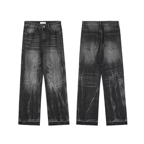 Men's Black Jeans Manufacturer - Custom Washed Distressed Loose Straight Pants Autumn Winter Wholesale