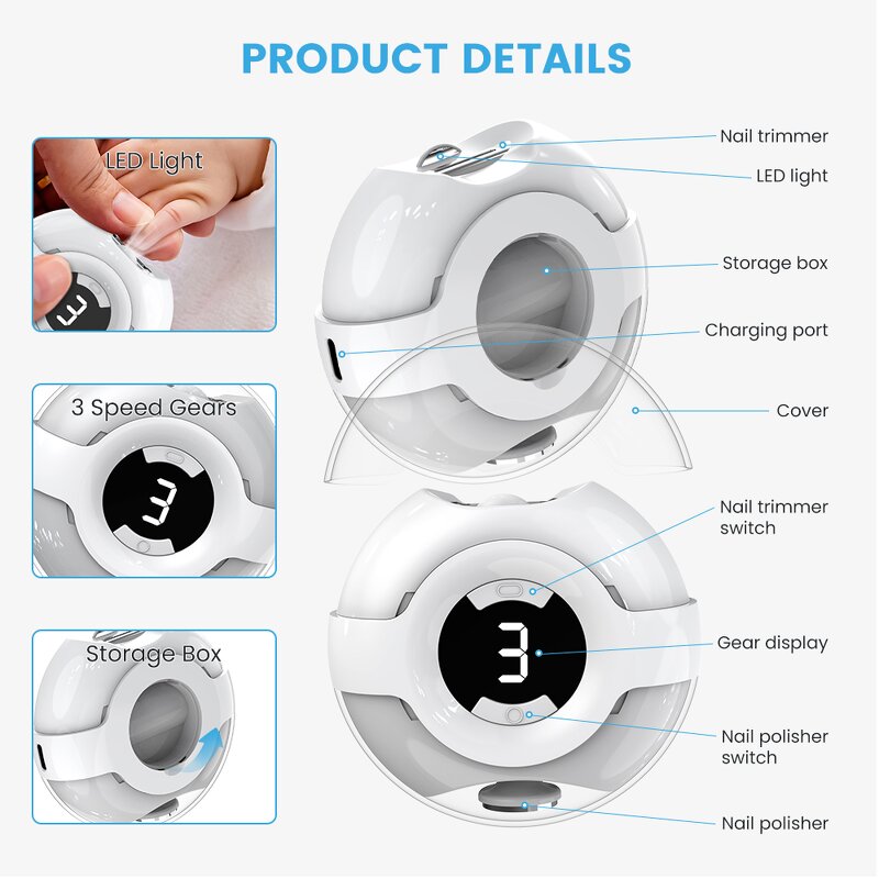 Electric Nail File Manufacturer - 3 Speed Modes Lcd Display Baby Seniors Safety Fingernail Trimmer