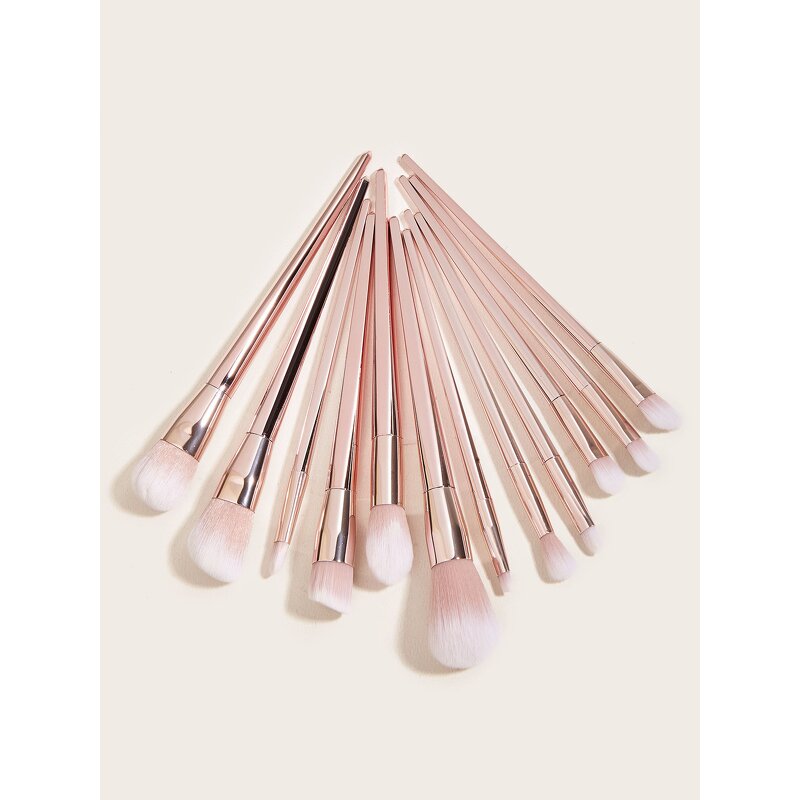 Makeup Brush Set Manufacturer - Rose Gold Vegan Custom Private Label 12pcs Eyelash Eye Fan Brush Natural Hair Metal