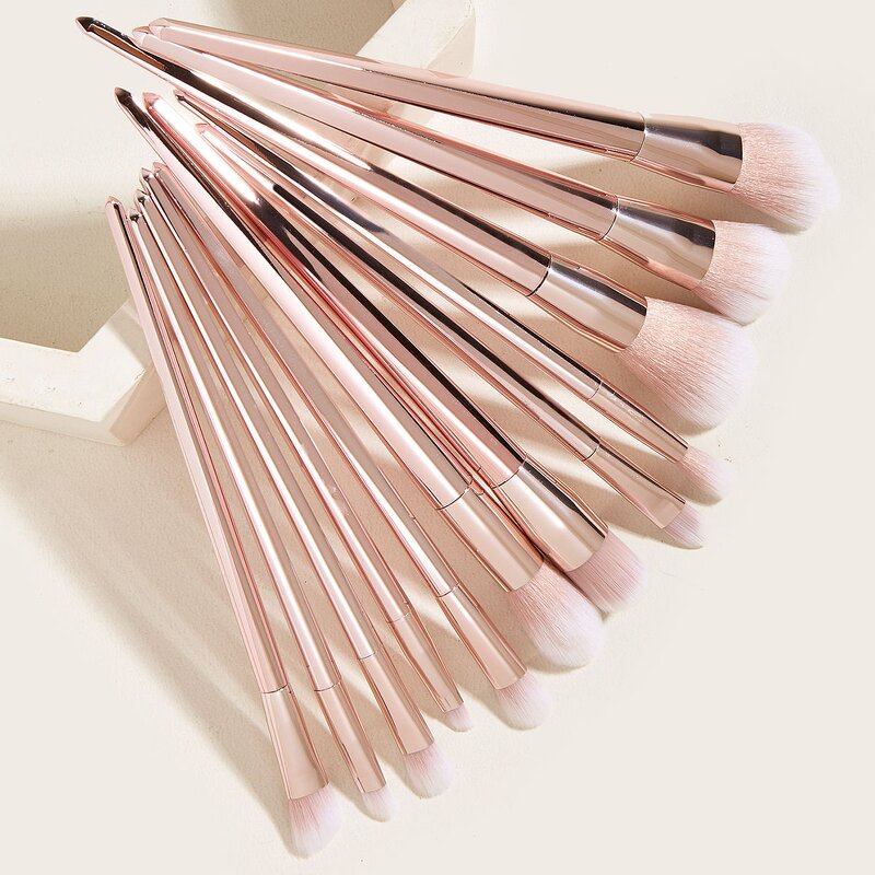 Makeup Brush Set Manufacturer - Rose Gold Vegan Custom Private Label 12pcs Eyelash Eye Fan Brush Natural Hair Metal