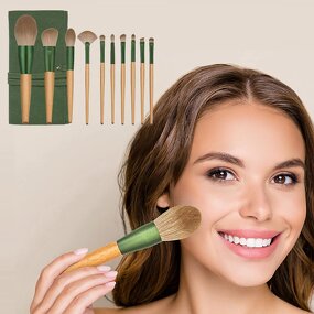 Makeup Brush Set Manufacturer - Professional 10pcs Wooden Handle Soft Synthetic Fiber Face Eye Foundation Blush Tool with Bag