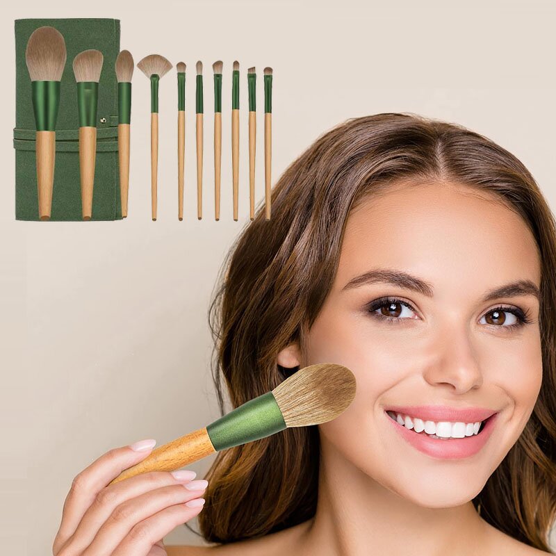Makeup Brush Set Manufacturer - Professional 10pcs Wooden Handle Soft Synthetic Fiber Face Eye Foundation Blush Tool with Bag