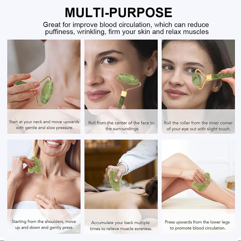 Jade Roller Gua Sha Set Manufacturer - Custom Logo 100% Natural Jade Stone Face Massage Roller for Skin Lifting