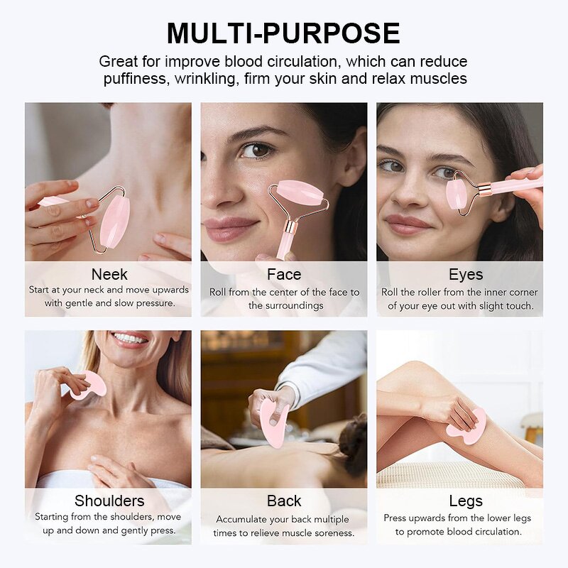 Jade Roller Gua Sha Set Manufacturer - 100% Natural Jade Stone Face Roller Pink Rose Quartz Massage Guasha Facial Beauty Tools