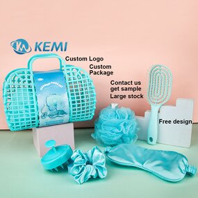 Personal Care Tool Set Manufacturer - Custom Bath Sponge Gift Basket Silicone Hair Comb Satin Scrunchies Silk Eye Mask