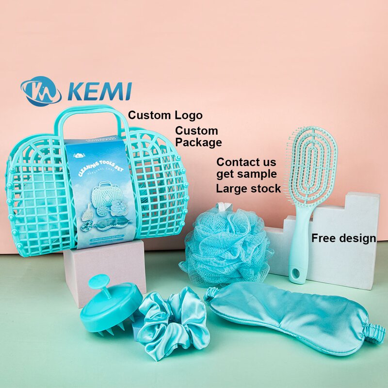 Personal Care Tool Set Manufacturer - Custom Bath Sponge Gift Basket Silicone Hair Comb Satin Scrunchies Silk Eye Mask
