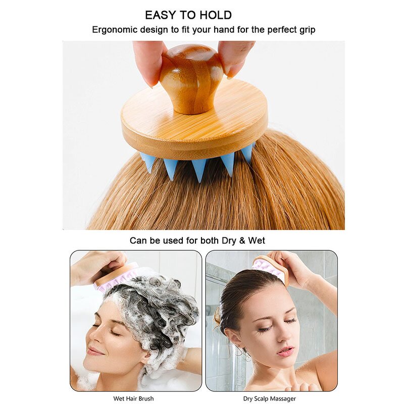 Shampoo Scalp Massager Manufacturer - Hot Selling Wooden Handle Soft Silicone Bristles Wet Dry Mini Hair Brushes Exfoliator