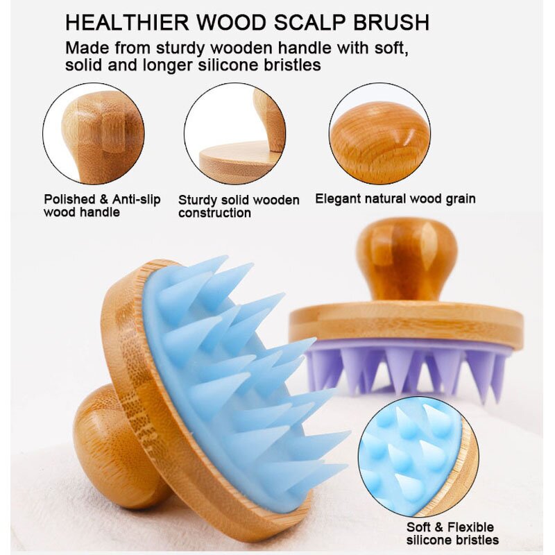 Shampoo Scalp Massager Manufacturer - Hot Selling Wooden Handle Soft Silicone Bristles Wet Dry Mini Hair Brushes Exfoliator