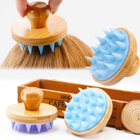 Shampoo Scalp Massager Manufacturer - Hot Selling Wooden Handle Soft Silicone Bristles Wet Dry Mini Hair Brushes Exfoliator