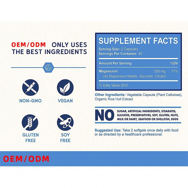High Absorption Vegan Triple Magnesium Complex 300mg Magnesium Glycinate Malate Citrate Capsules for Muscles Nerves Function