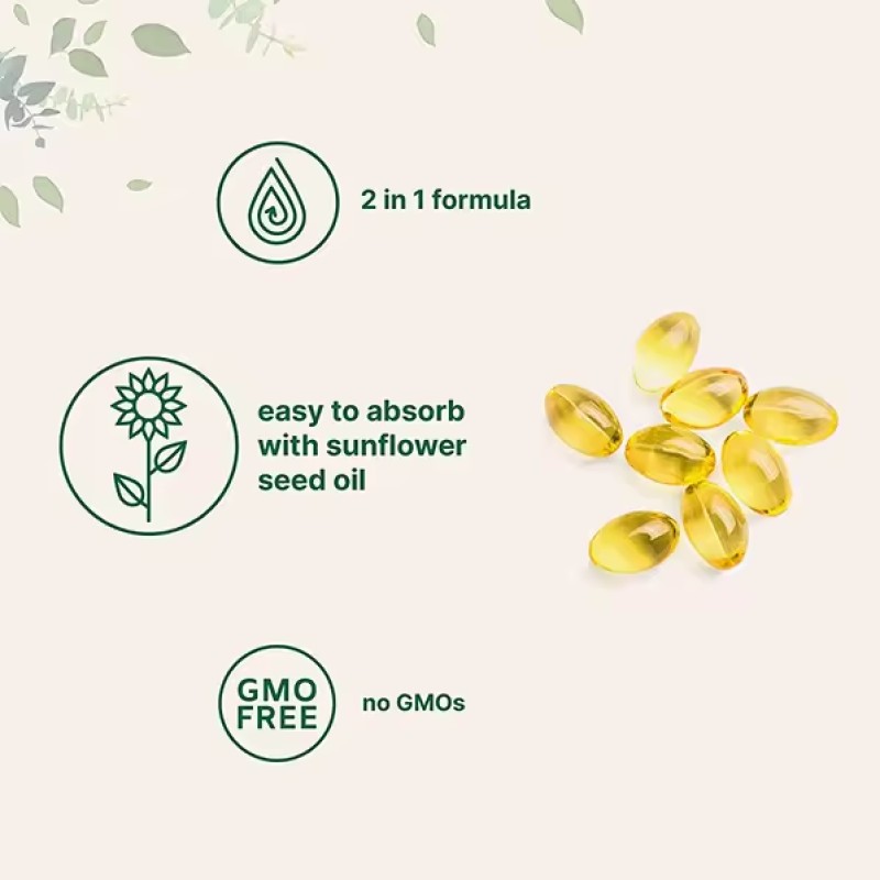 OEM Organic Vitamin D3 K2 Softgel 5000 IU Vitamin D3 + 100 Mcg Vitamin K2 Vegan Health Softgel Capsules