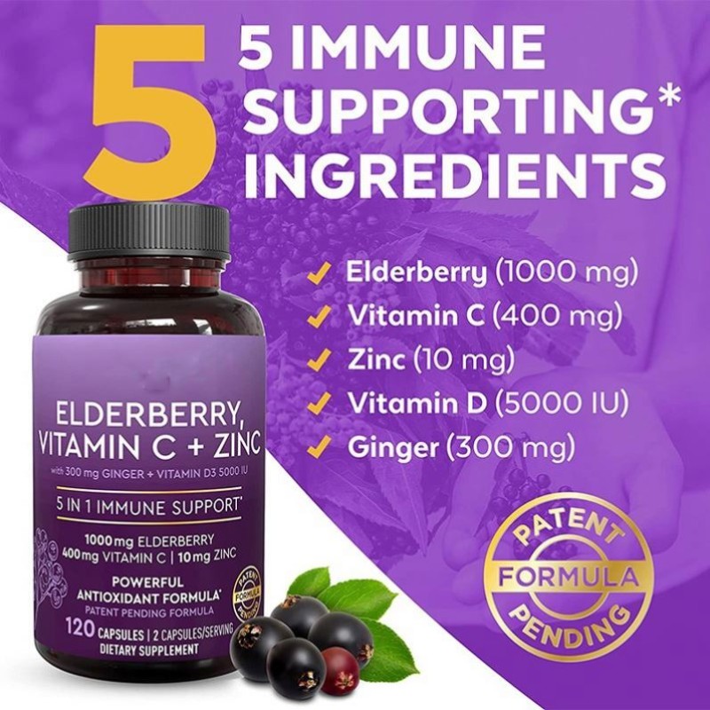 5 Immune Supporting Ingredients Elderberry Vitamin C D Zinc Ginger Capsules Supplement Daily Immune Support
