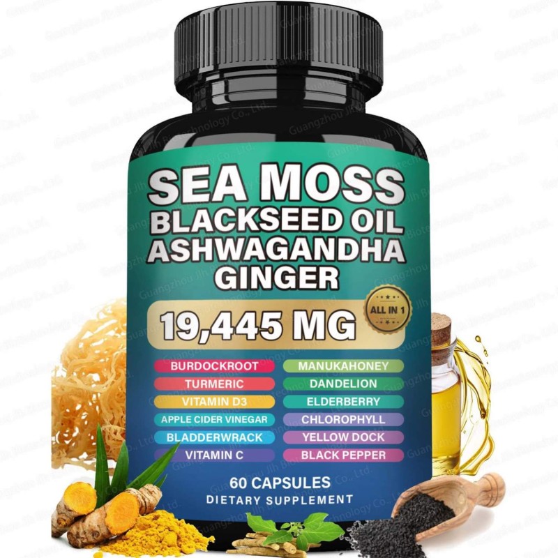 Custom Sea Moss 7000mg Capsules Black Seed Oil Ashwagandha Turmeric Ginger Shilajit 9000 Panax Ginseng MACA