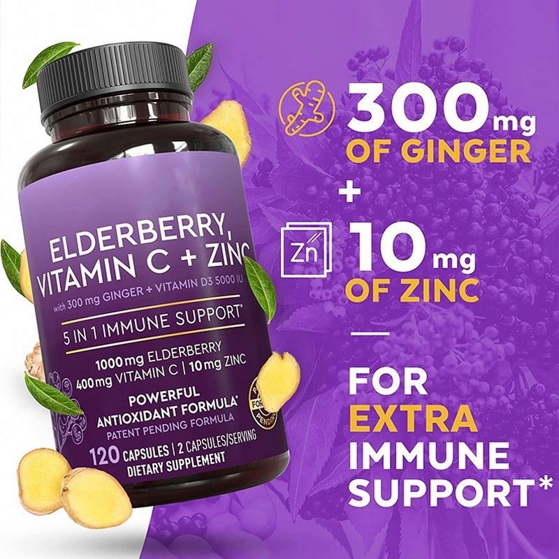 5 Immune Supporting Ingredients Elderberry Vitamin C D Zinc Ginger Capsules Supplement Daily Immune Support