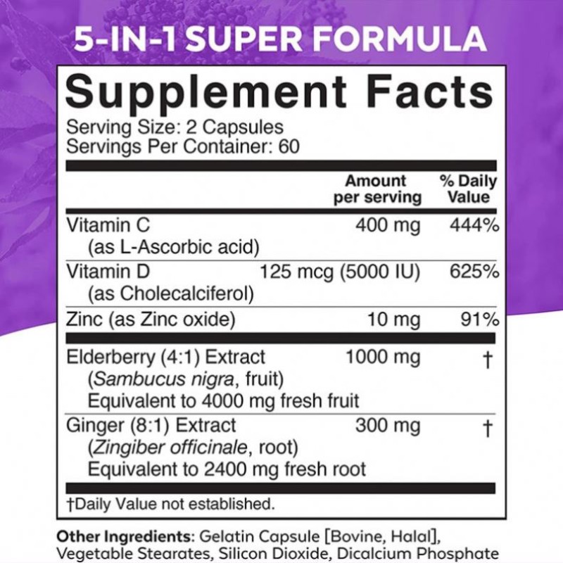 5 Immune Supporting Ingredients Elderberry Vitamin C D Zinc Ginger Capsules Supplement Daily Immune Support