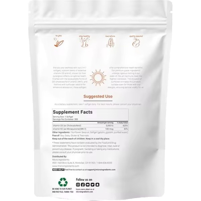 OEM Organic Vitamin D3 K2 Softgel 5000 IU Vitamin D3 + 100 Mcg Vitamin K2 Vegan Health Softgel Capsules