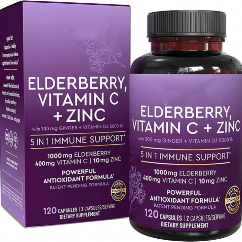 5 Immune Supporting Ingredients Elderberry Vitamin C D Zinc Ginger Capsules Supplement Daily Immune Support