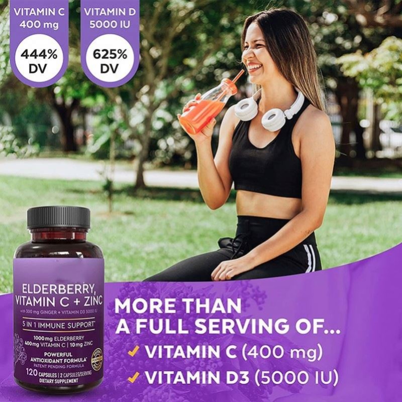 5 Immune Supporting Ingredients Elderberry Vitamin C D Zinc Ginger Capsules Supplement Daily Immune Support