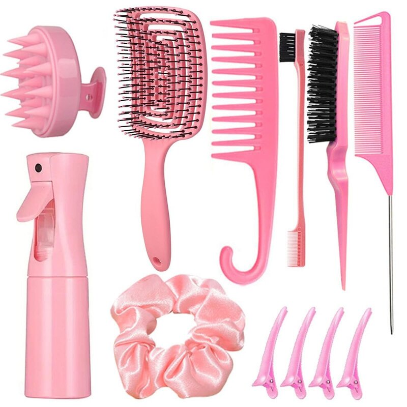 Hairbrush and Comb Set Manufacturer - 12pcs Complete Styling with Spray Bottle Detangling Edge & Rat Tail Combs Scalp Massager