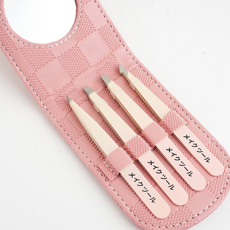 Eyebrows Tweezers Set Manufacturer - Custom Logo 4Pcs Pink Great Precision for Ingrown Hair Splinter Facial Removal