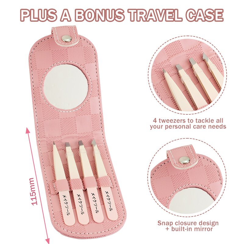 Eyebrows Tweezers Set Manufacturer - Custom Logo 4Pcs Pink Great Precision for Ingrown Hair Splinter Facial Removal