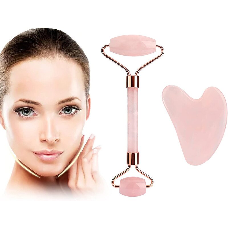 Jade Roller Set Manufacturer - 3Pc Plastic Massager Crystal Heart Gua Sha Board Facial Lifting Tool Faux Rose Quartz