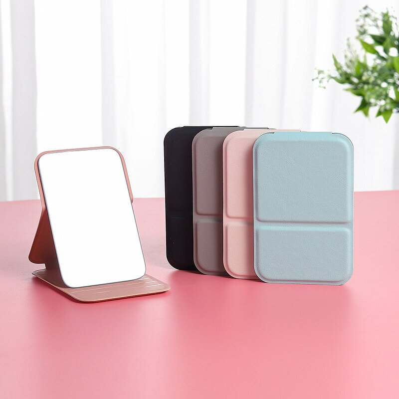 Compact Mirror Manufacturer - Custom Logo Portable Standing Travel PU High Quality Folding White Leather for Makeup