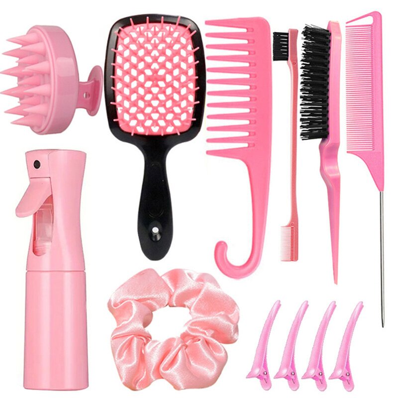Hairbrush and Comb Set Manufacturer - 12pcs Complete Styling with Spray Bottle Detangling Edge & Rat Tail Combs Scalp Massager
