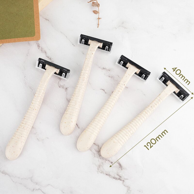 Disposable Razor Manufacturer - Custom Logo Natural Wheat Straw Twin Blades Biodegradable Hotel Shaving Tool