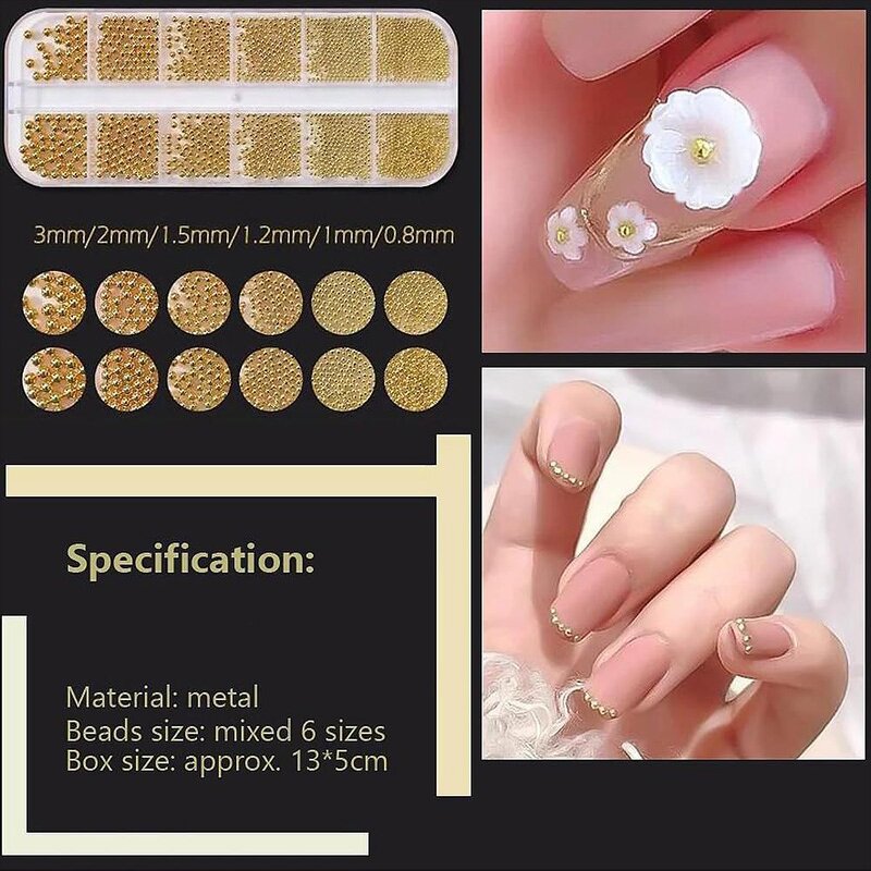 Nail Art Beads Manufacturer - 12 Grids Gold Mixed Size Stainless Steel 3D Caviar Ball Charm