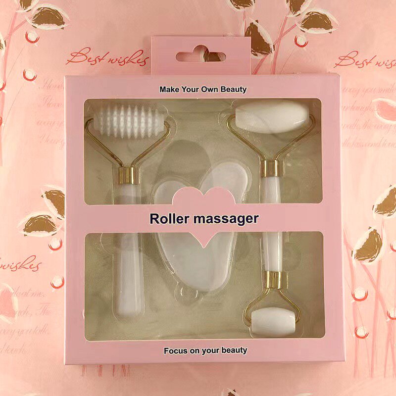 Jade Roller Set Manufacturer - 3Pc Plastic Massager Crystal Heart Gua Sha Board Facial Lifting Tool Faux Rose Quartz