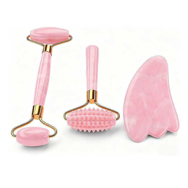 Jade Roller Set Manufacturer - 3Pc Plastic Massager Crystal Heart Gua Sha Board Facial Lifting Tool Faux Rose Quartz